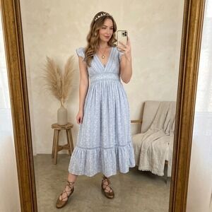 In Loom Midi Dress L Blue Floral Cotton Smocked Empire Flutter Sleeve Cottage